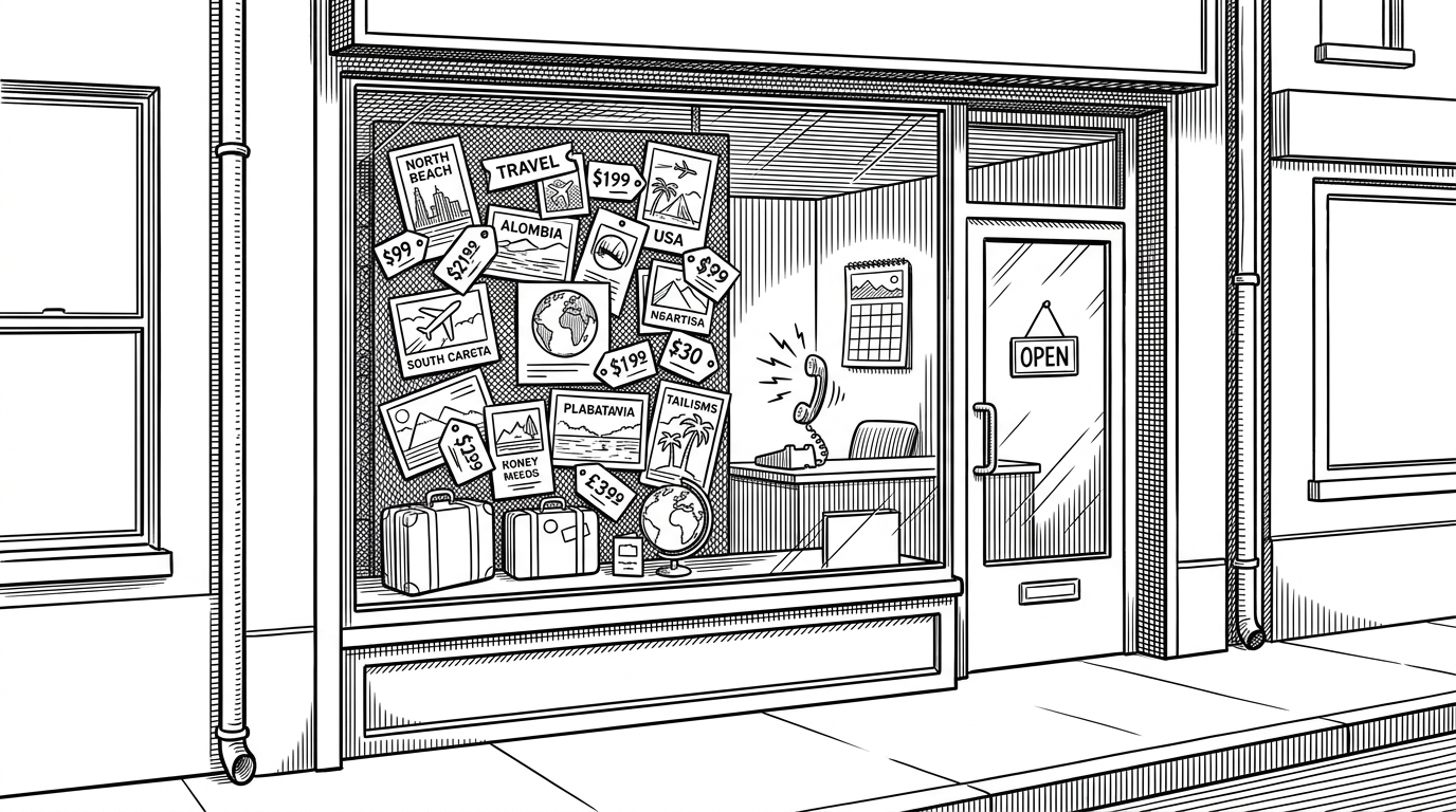 A narrow travel agency storefront stands on a bright white street. The front window is packed with paper-cut destination cards, prices, and booking cues, while the interior is visibly shallow and flat. The image explains how a simple front-end can create the feeling of a complete business without running the business itself.