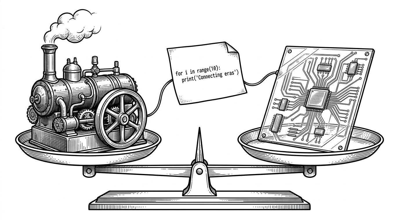 A black and white illustration showing an industrial mechanical engine on one side and a sleek glass circuit board on the other, connected by a single taut wire.