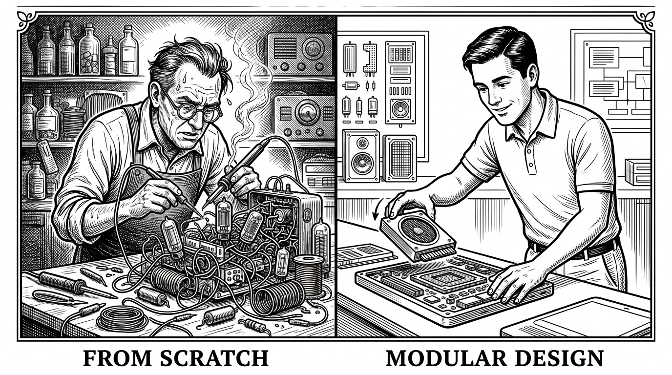 Side by side comparison of an inventor soldering components versus clicking a standardized module into a motherboard.