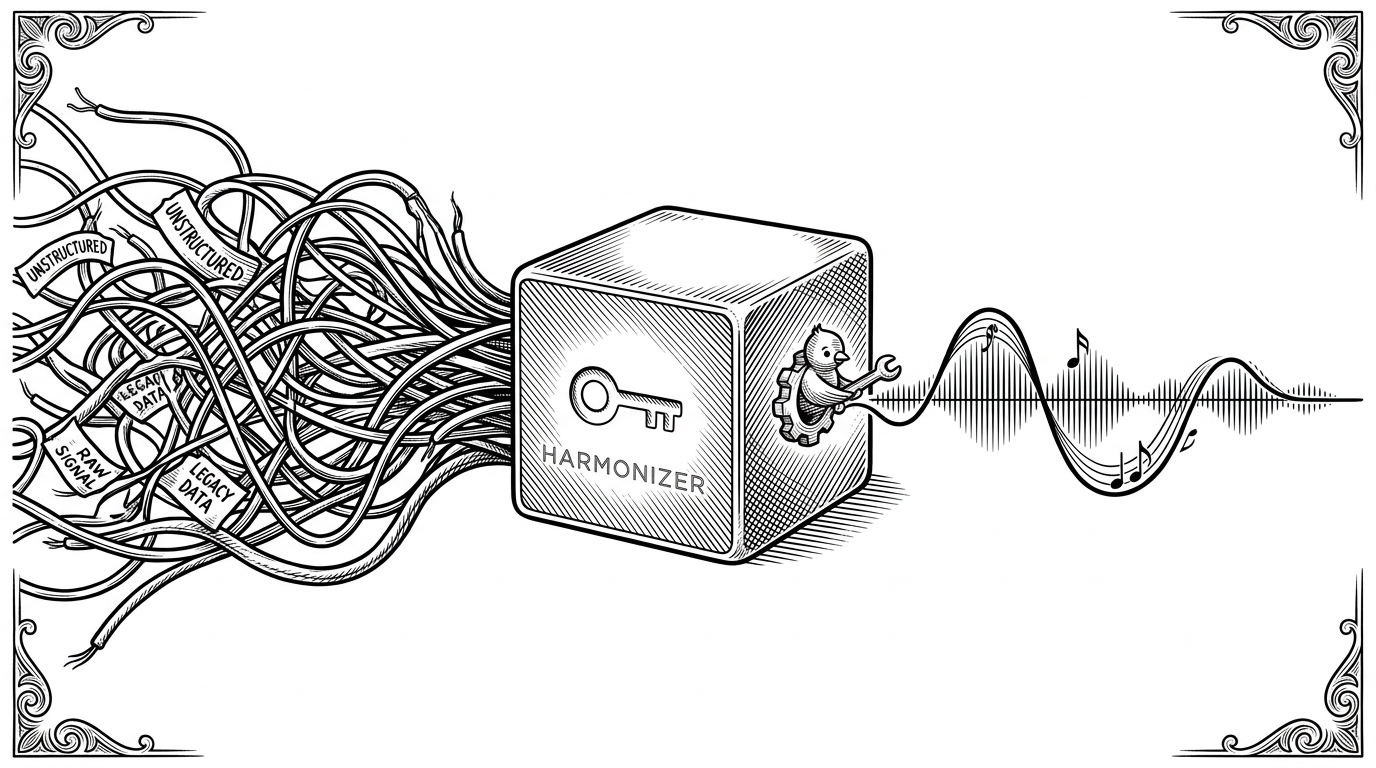 A tangled mess of wires entering a sleek square block, emerging as a perfectly smooth audio waveform.