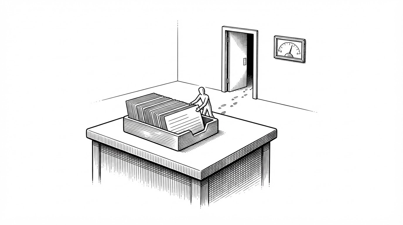 An editorial illustration of a tidy desk viewed from a slight elevation. A small index-card tray fills with neatly stacked cards as a tiny paper figure slides the last one into place. Behind the figure, a narrow automatic door stands open with a faint trail of footprints leading through it, and a small framed gauge on the far wall rests at zero.