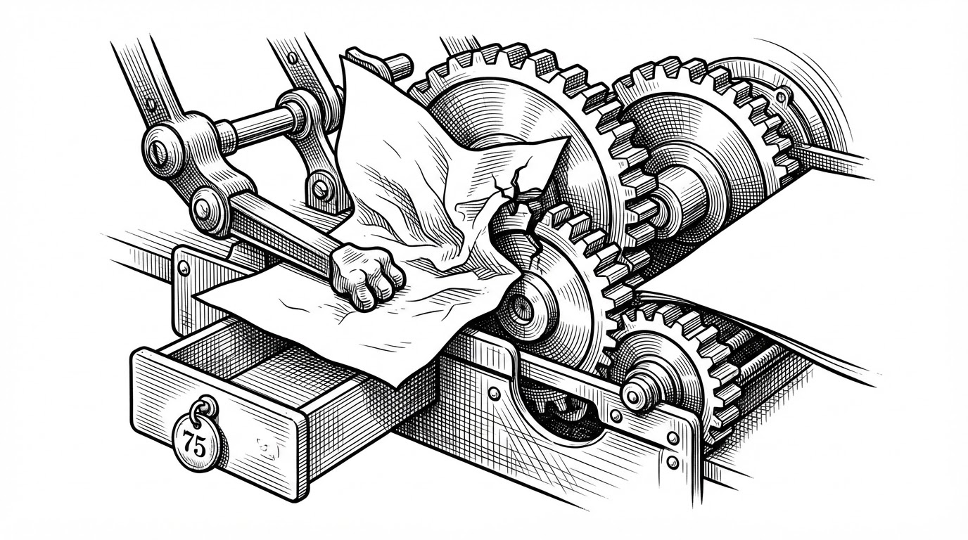 An extreme close-up of a single sheet of paper jammed sideways in a small machine. One gear tooth is visibly cracked. A mechanical paw presses a lever that shunts the jammed sheet into a narrow side drawer tagged with the number 75, while the gears on the right keep turning and a fresh sheet feeds in.