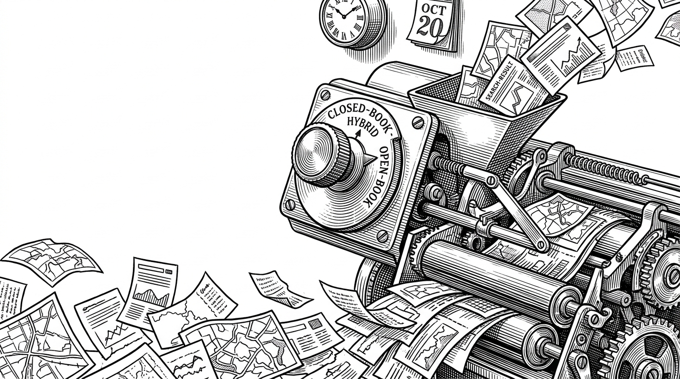 A close-up mechanical dial with three positions labeled closed-book, hybrid, and open-book. Each position changes how many evidence cards, search paths, and drafting threads feed a writing engine, while a small clock face hints at recency handling. It explains how the repo chooses research depth before drafting begins.