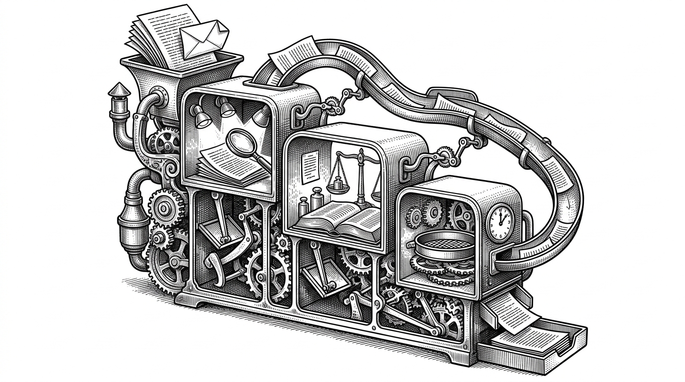 A wide black-ink editorial illustration of a machine processing a question and a stack of documents through three inspection chambers. One chamber sends weak output back into a rewrite chute instead of releasing it. It explains that this agent treats answering as a gated process, not a single pass.