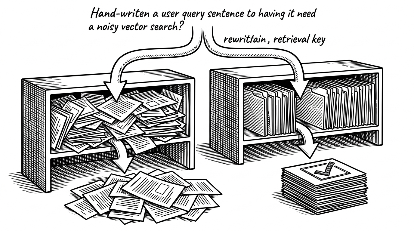 A close-up black-ink illustration of a sentence splitting into two paths. One path goes into a messy shelf of document fragments and returns scattered context cards. The other path gets rewritten into a cleaner query and returns a tighter stack of matched cards with a support stamp above them. It explains why query rewriting improves retrieval quality before generation.