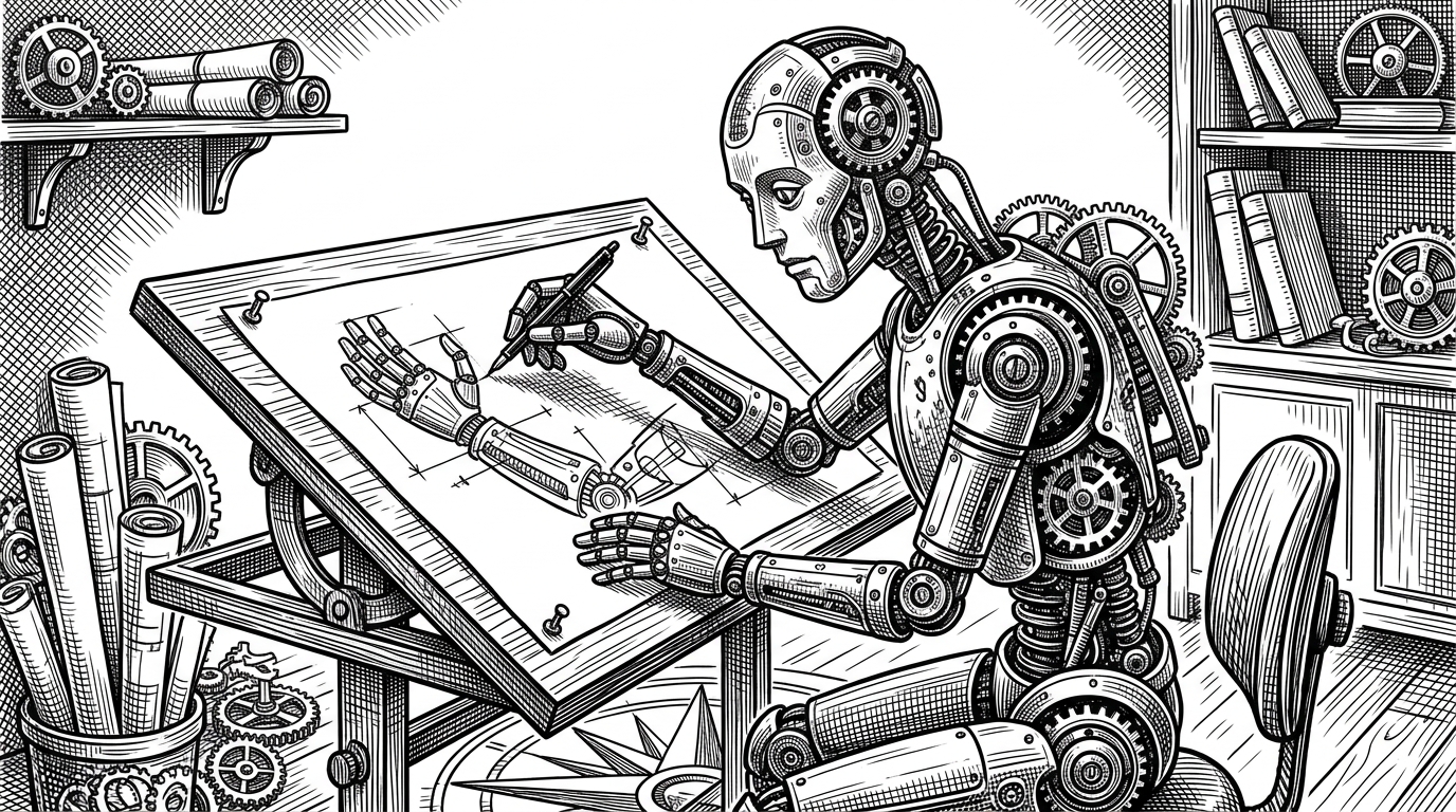 An intricate clockwork automaton sitting at a drafting table, using an ink pen to redraw the blueprints of its own arm mechanism. This visualizes the agent's ability to edit its own source code.