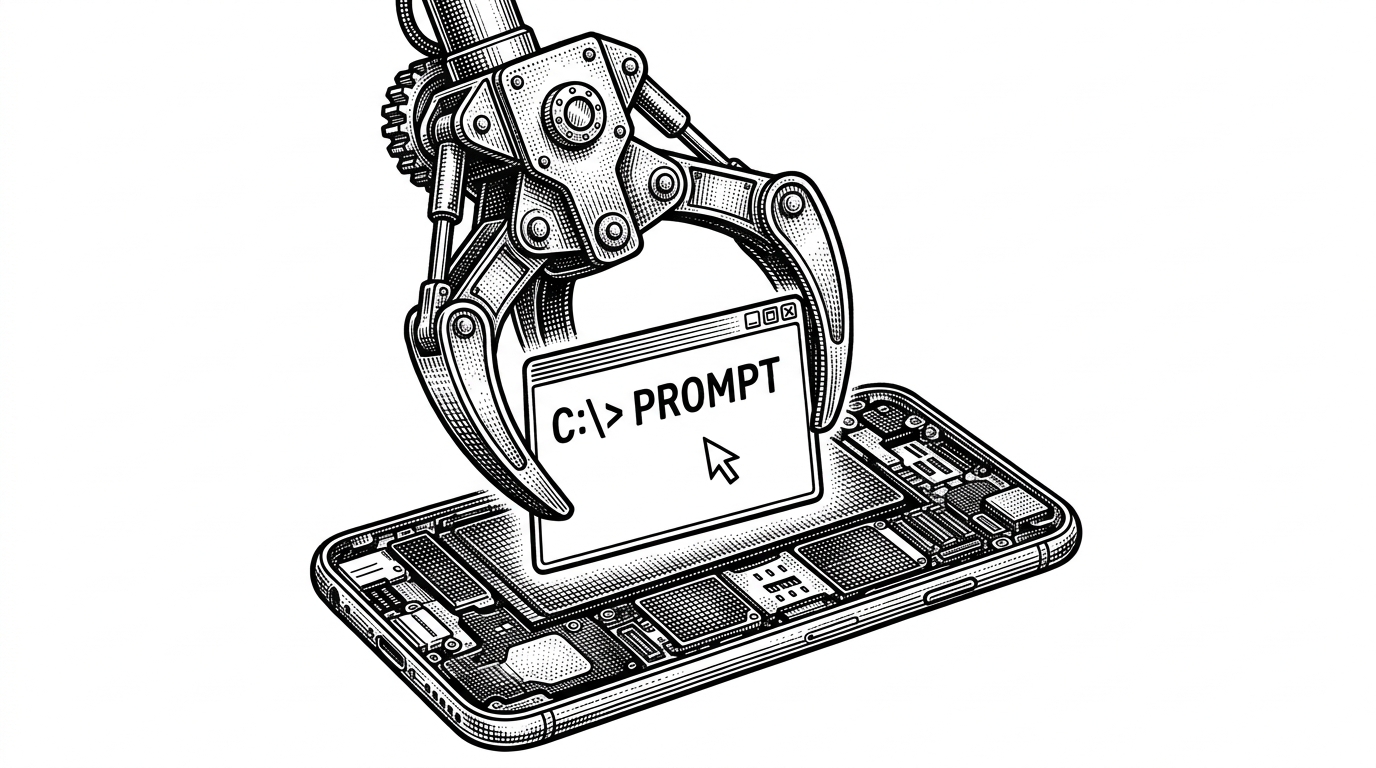 A heavy industrial mechanical claw carefully picking up a classic glowing terminal prompt window and lowering it into the chassis of a modern smartphone. This represents the Go harness wrapping the CLI for Telegram.