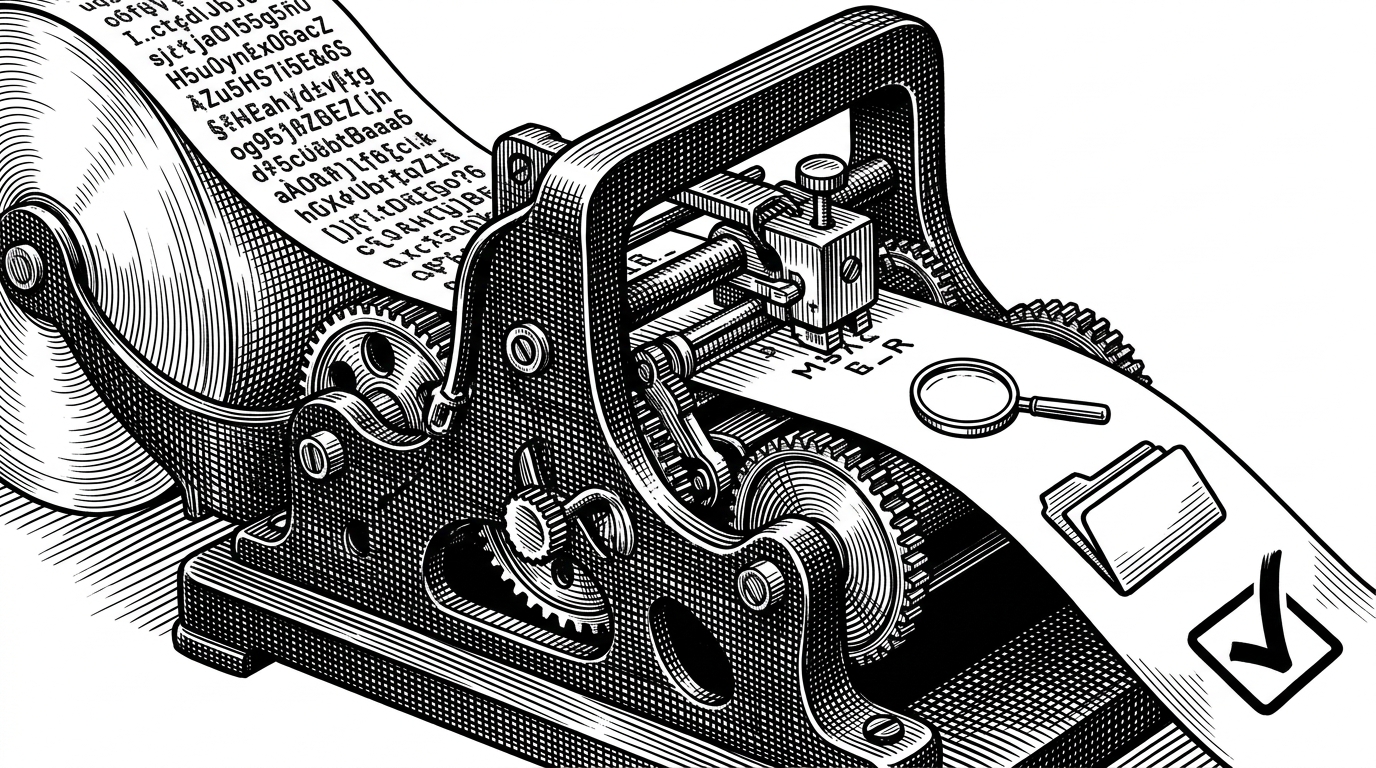 A vintage telegraph ticker tape machine converting dense machine code into recognizable symbols like magnifying glasses and file folders. This illustrates the translation of CLI JSON streams into Telegram UI elements.