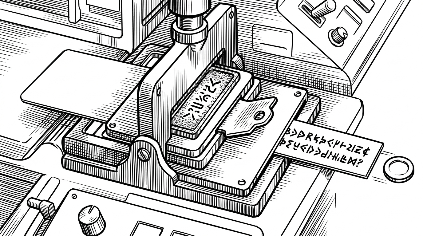 A close-up machine-like modal shows a plaintext message entering a press labeled with verification and integrity cues, then leaving as ciphertext with a separate authentication tag element. The scene explains how the app makes encryption feel like a deliberate process rather than a silent backend step.