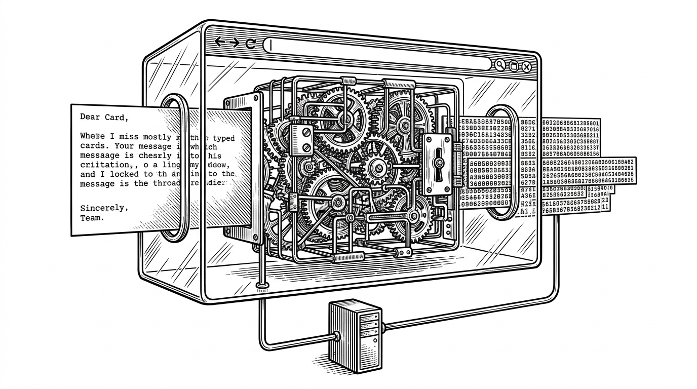 A wide chat interface sits inside a glass-like encryption chamber. On the left, a plaintext message is readable. In the center, it passes through a mechanical cipher lattice. On the right, it emerges as dense hex output while a server tower remains visually separate below the flow. The scene explains that the browser transforms the message before the server can see it.