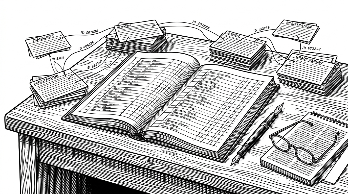 A desk scene with ledger cards for students, courses, teachers, and departments connected by numbered links instead of wires. It explains that the system keeps relationships stable through IDs, which makes persistence and reconstruction simpler.