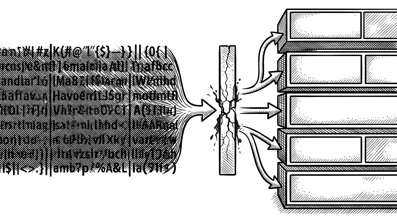 A close-up of a single text record split into fields on the left, then reassembled into structured boxes on the right. A cracked delimiter marks the fragile point in the pipeline, showing both the elegance and risk of custom serialization.