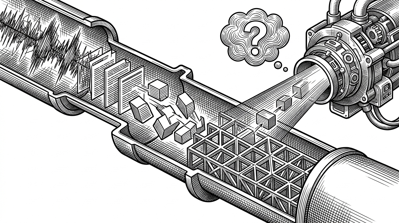 A close-up cross-section of a pipeline where a noisy waveform becomes cleaned text blocks, then splits into chunks, then snaps into vector tiles, then lands in a lattice. A query beam pulls the most relevant chunks into a generation chamber, showing the path from raw speech to answer.