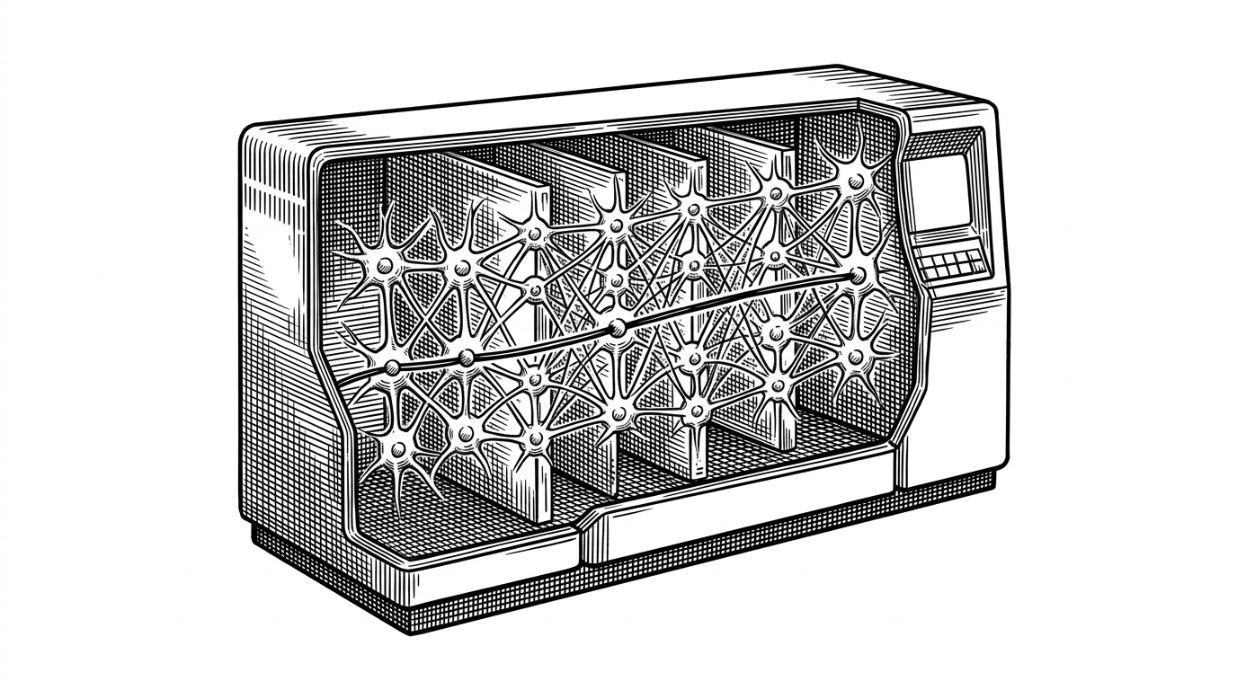 A cross-section of a classic mainframe computer with translucent neural layers inside. A single solid line weaves through the neurons, representing a deterministic execution path. This illustrates the concept of hard-wiring a CPU architecture into a Transformer model.