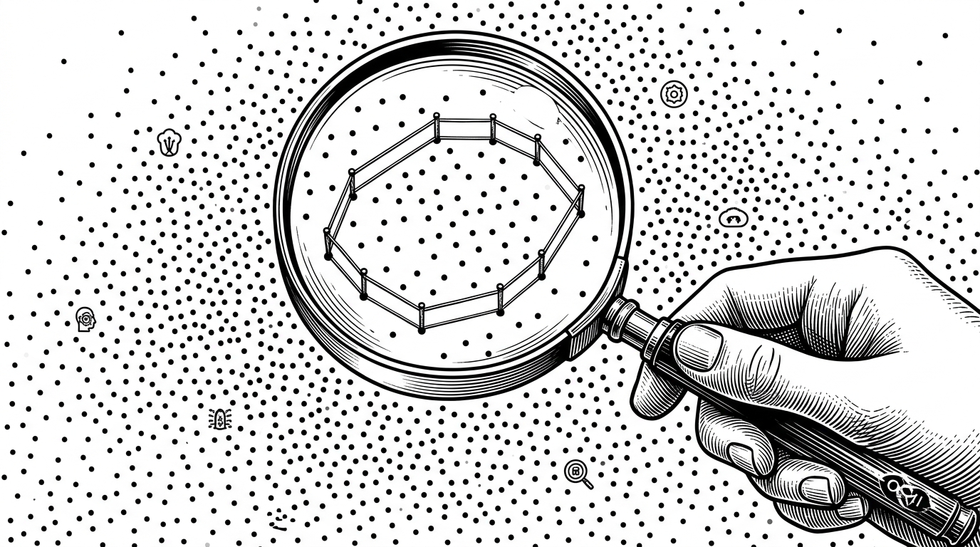 A close-up of a hand holding a magnifying glass over a vast field of dots representing memory cells. The glass focuses on a thin wire fence connecting specific dots, illustrating a convex hull. This explains the geometric approach to Transformer memory retrieval.