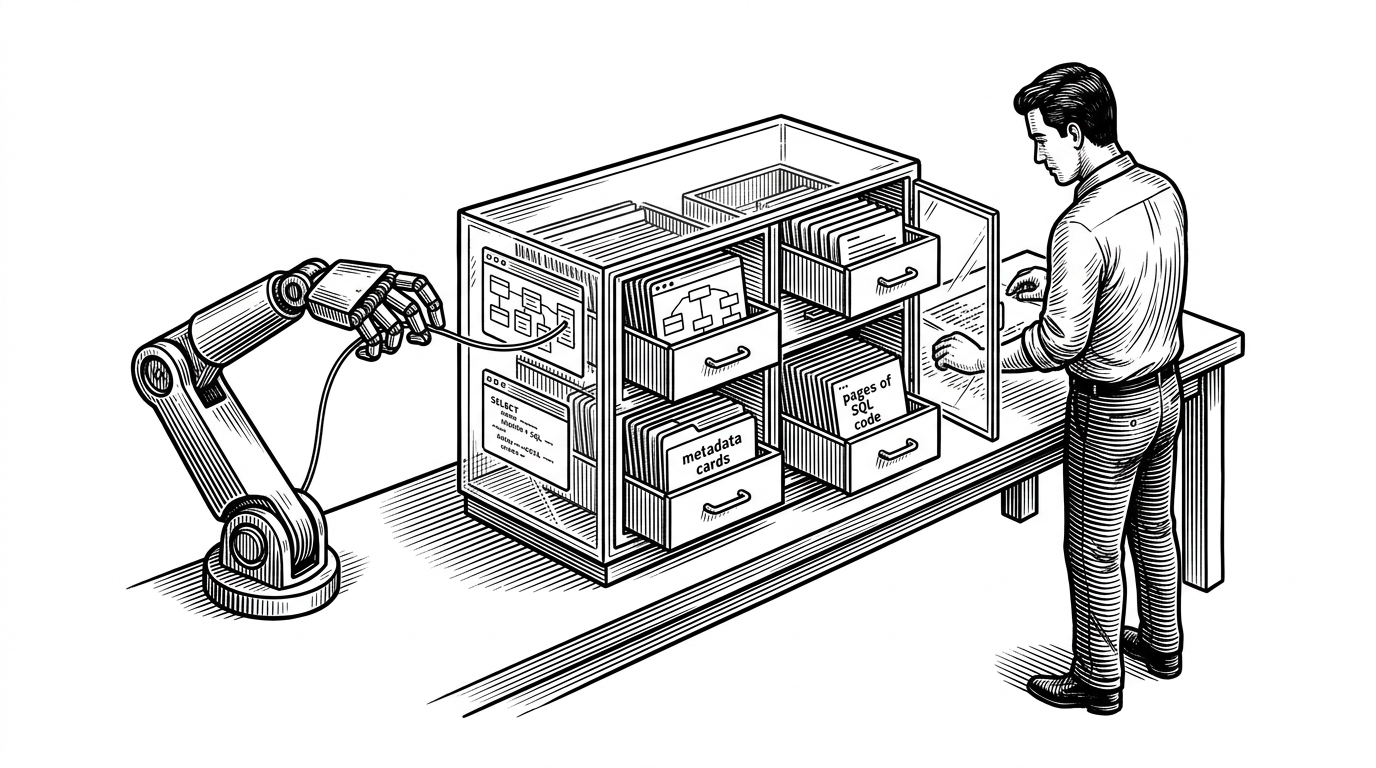 A wide editorial scene shows a human developer on one side of a workbench and a mechanical agent hand on the other. Between them sits a transparent cabinet filled with schema drawers, metadata cards, and SQL pages, linked by a taut conduit that suggests the backend is being inspected and operated through structure rather than guesswork.