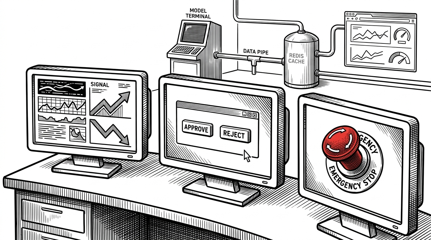 A wide control room scene with three ticker monitors, a pending approval panel, and an emergency stop switch within reach. It explains the core idea that AlphaBot turns model signals into reviewable actions before execution.