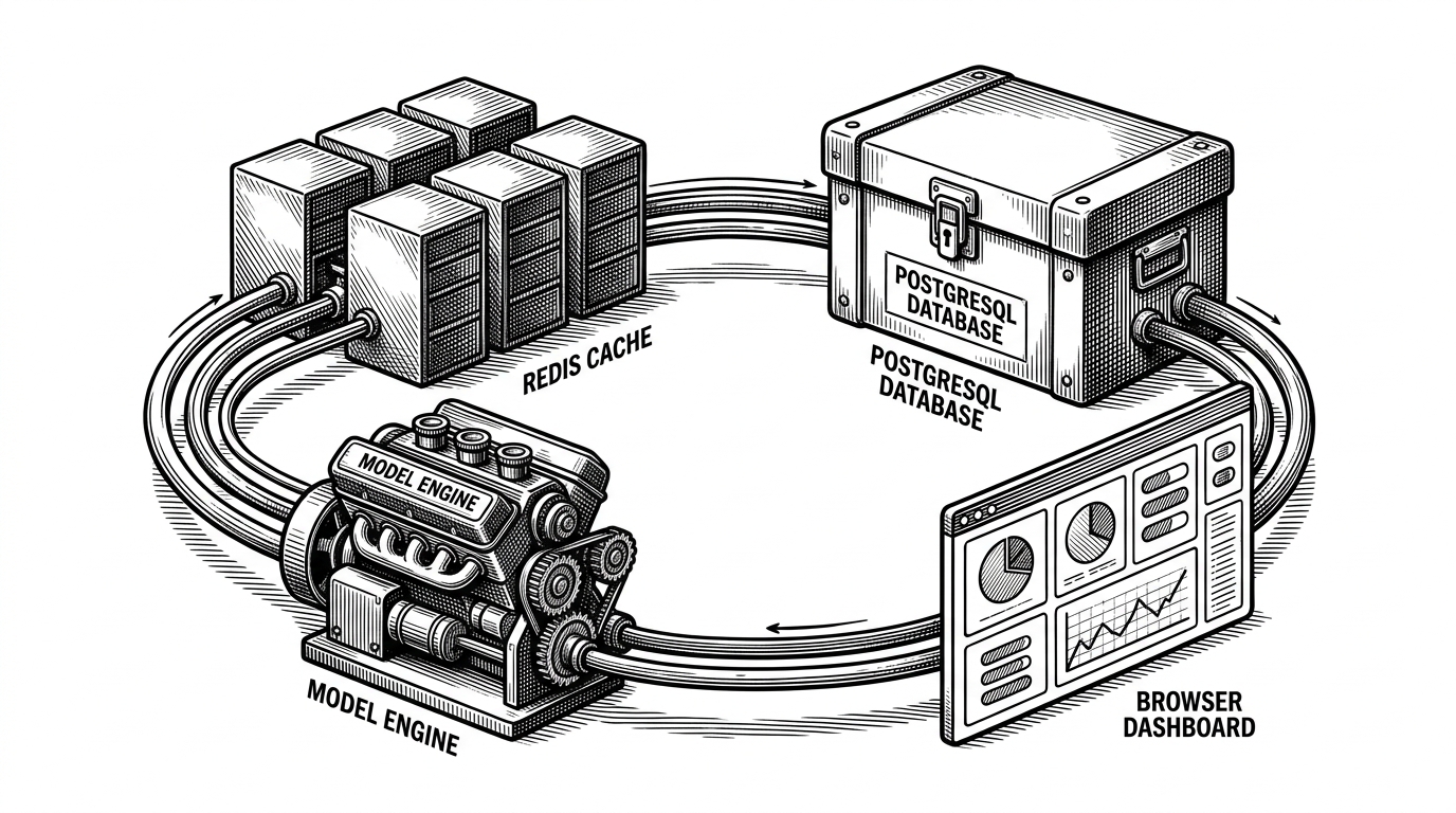 A close-up flow diagram with model, cache, database, and dashboard connected as a loop. It explains how AlphaBot separates training, durable state, and live operator visibility.