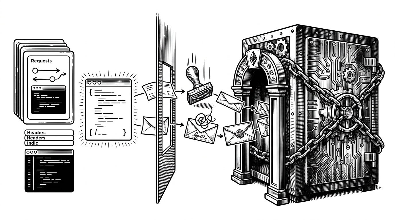 A wide editorial scene showing a REST console on one side and an Ethereum contract vault on the other, with a narrow corridor in between where requests are transformed into signed transactions. Read-only slips pass through untouched, while write requests are stamped and sealed before entering the chain side. The image explains the repo’s main idea: a backend that translates Web2 requests into Web3 actions.