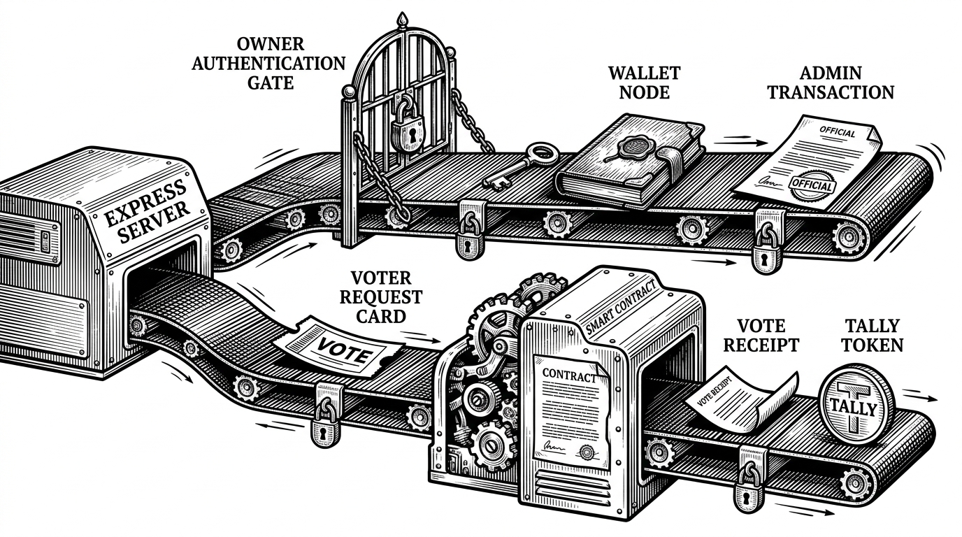 A close-up technical illustration of two request paths branching from the same Express server. One path goes through an owner authentication gate, then into a wallet node, then into a signed admin transaction. The other path goes directly from a voter request into a contract write path and out as a vote receipt. The image explains the trust split between admin actions and user voting.