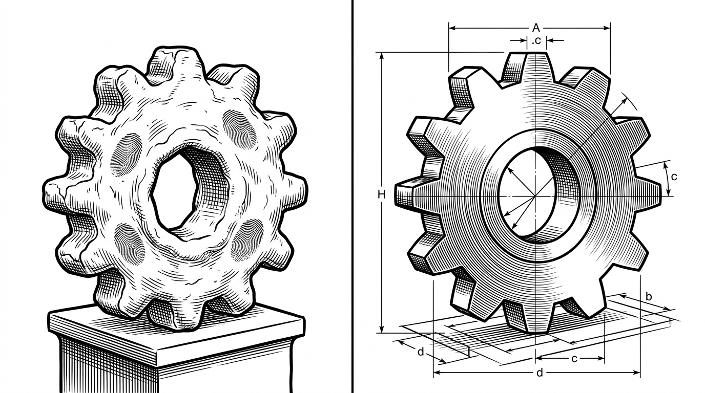 A lumpy clay gear contrasted against a razor-sharp metal gear with precise caliper measurements.