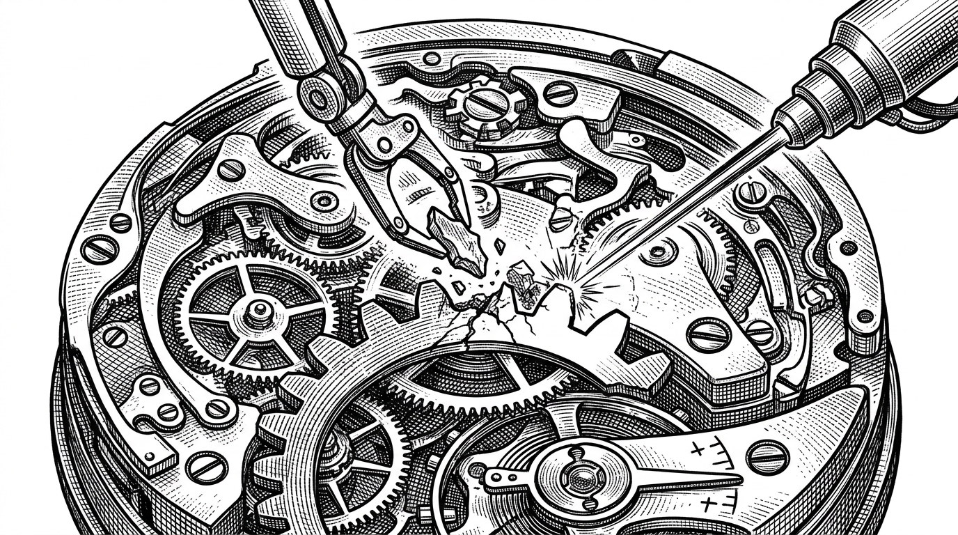 A robotic pincer extracting a broken gear tooth while a laser welds a new one into a complex clockwork mechanism.
