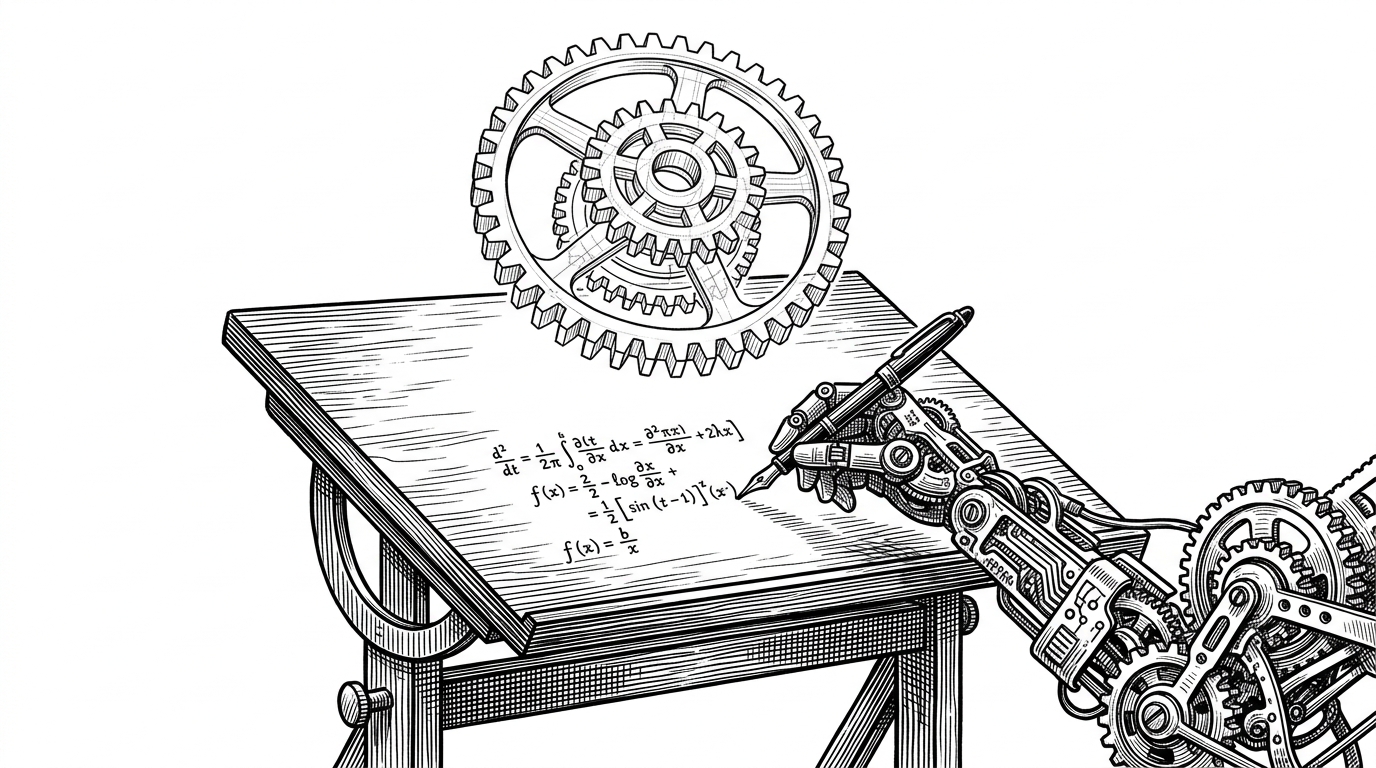 A glowing wireframe gear hovering over a vintage drafting table while a mechanical arm writes math equations.