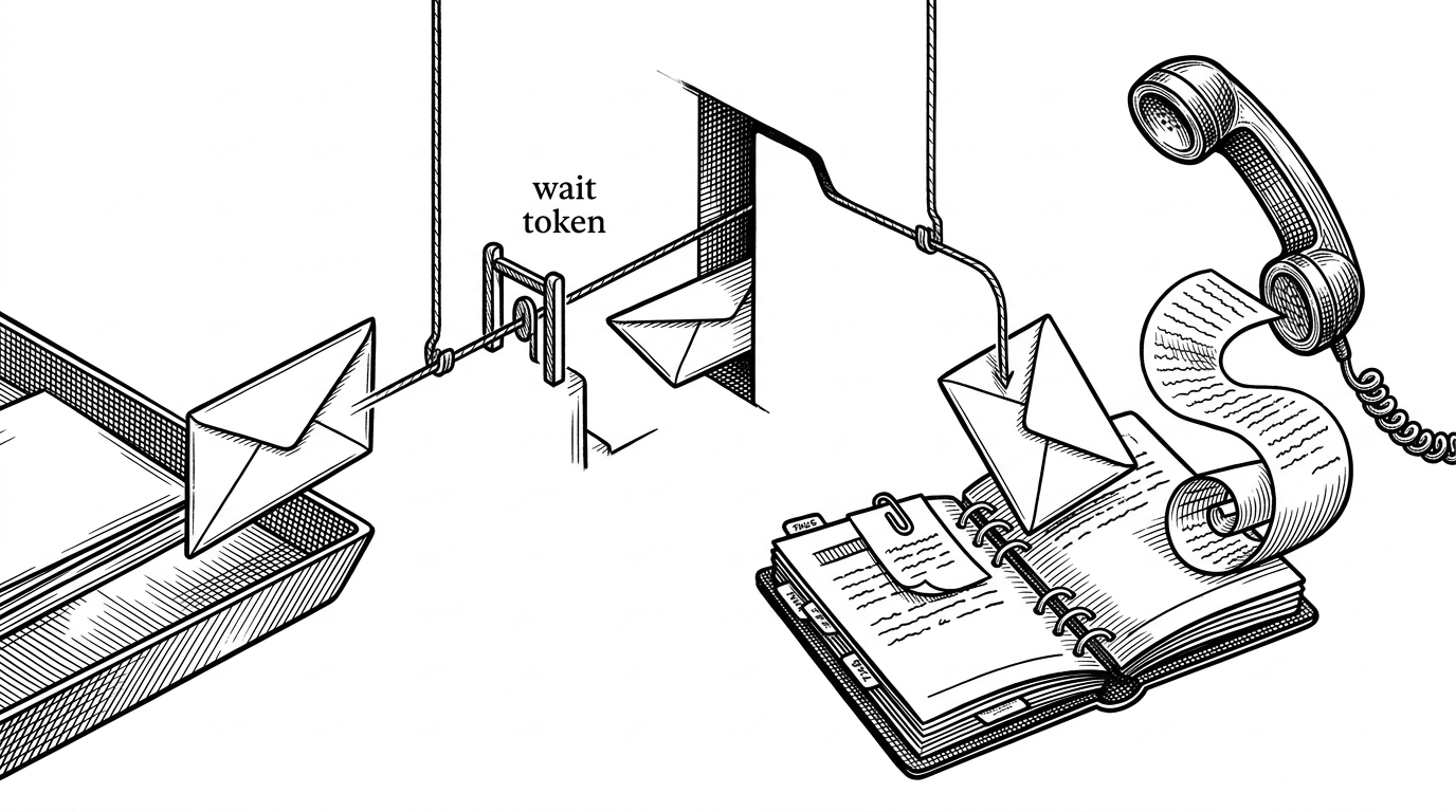A close-up editorial scene showing an outbound email leaving a tray, passing through a small gate labeled by its shape as a wait token, then reappearing later as a returned reply dropped into an open notebook. A phone handset nearby releases a rolled transcript that lands beside the same notebook. The image explains how delayed responses re-enter the agent's working state.