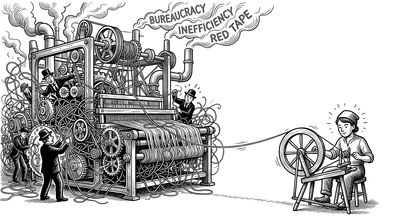 A massive, over-engineered mechanical loom contrasted with a simple wooden spinning wheel, representing enterprise bloat versus distilled open-source code.