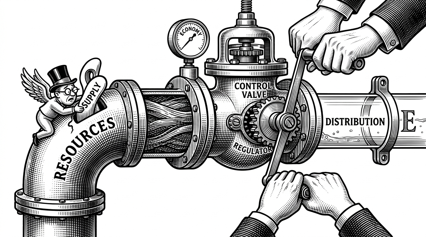A close-up of a high-pressure pipe system where a mechanical governor valve restricts a thick fluid, allowing only a measured trickle into a narrower glass tube.