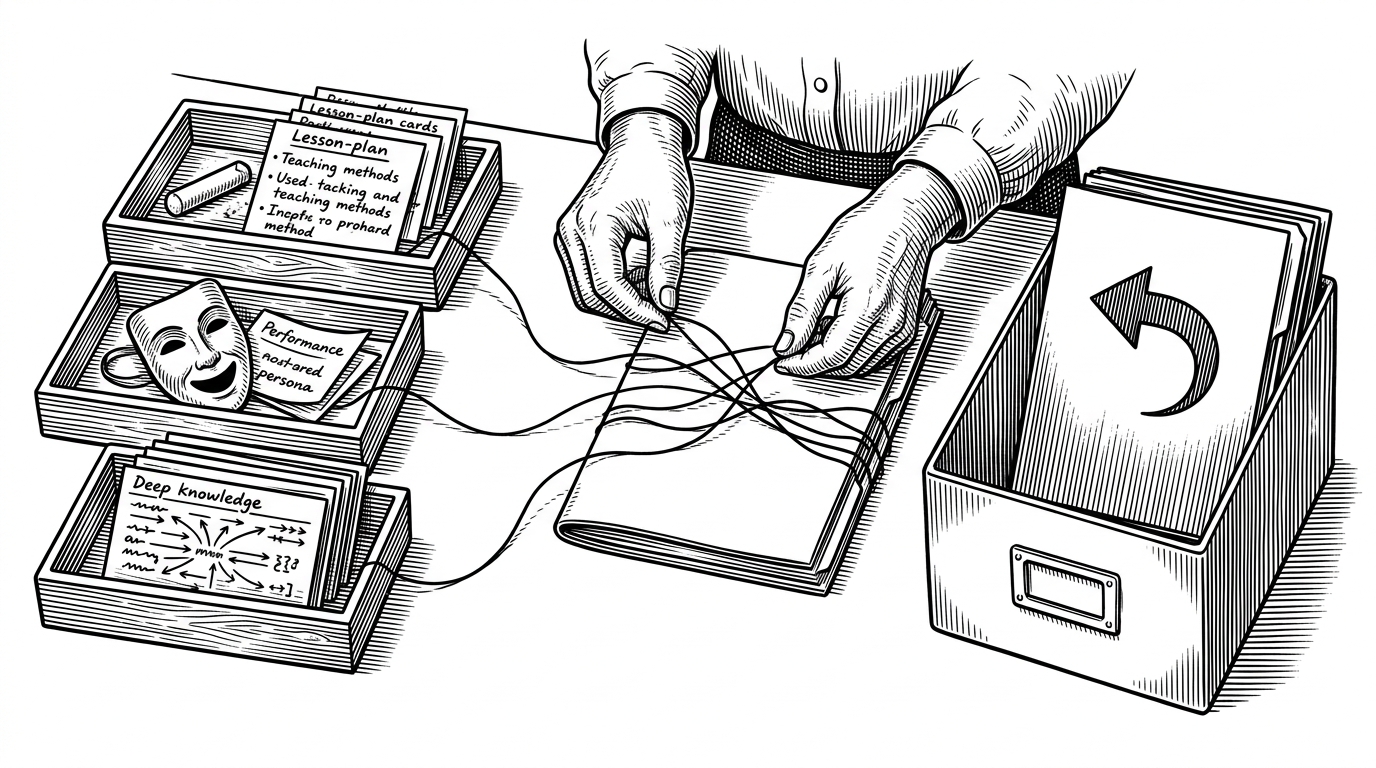 A filing desk turns three teacher traits into one bound dossier. The scene explains the repo's core idea: pedagogy can be stored as separate layers and recombined without flattening the original teacher.