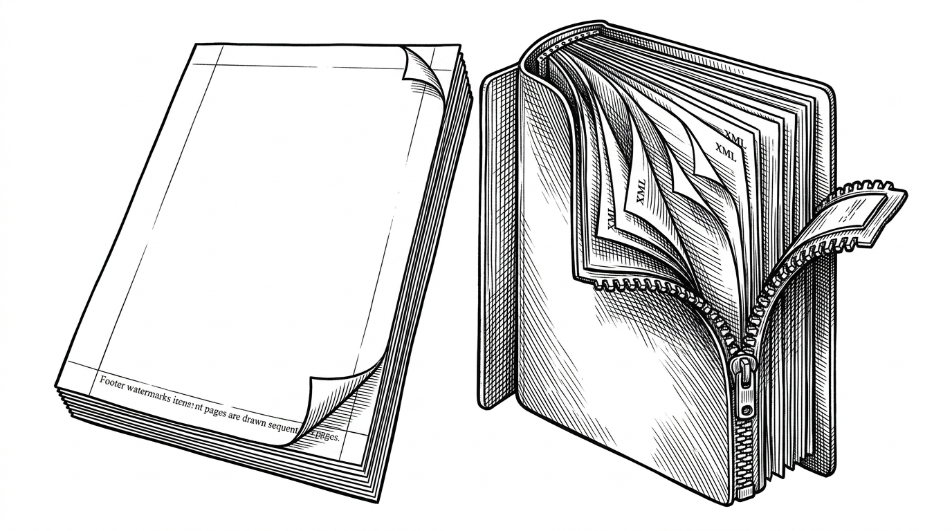 A close technical illustration of two file formats side by side. On the left, a PDF page receives footer text page by page. On the right, a DOCX file is shown as a layered mechanical book with XML sheets beneath the cover, and a footer relationship being inserted before the file is zipped back up.