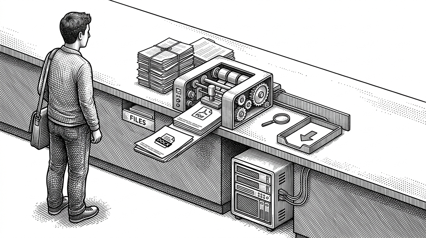A wide editorial scene of a campus file counter where a student receives a paper through a narrow slot after it passes through a mechanical watermarking device. Stacks of PDFs and a DOCX icon feed into the machine, showing that access is transformed at delivery time rather than handled as a simple download.