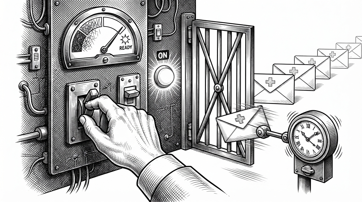 A close-up of a boot sequence where a hand flips a switch labeled as model and embedding loading, a gauge climbs toward ready, and a gate opens only after the green light appears. Requests wait outside the gate and bounce off a timeout clock until the system becomes available. This image explains why the repo’s readiness endpoint is a real engineering feature, not decorative plumbing.