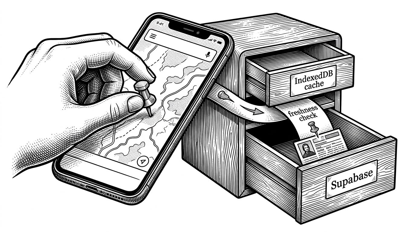 A close-up of a phone screen sits beside a set of small database drawers. One drawer is labeled IndexedDB cache, another Supabase, and a narrow paper strip marked freshness check slides between them like a gate. A temporary pin on the map is shown turning into a permanent place record. It explains the app's offline-first refresh logic.