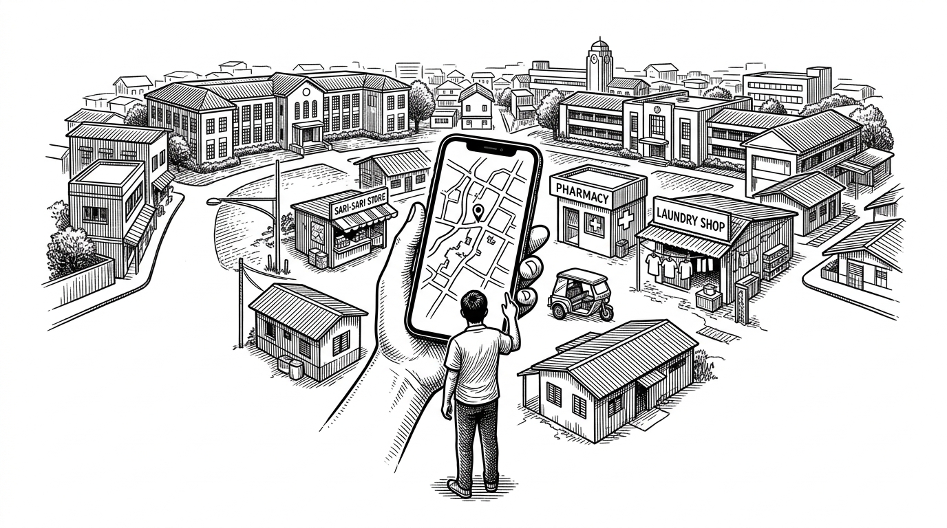 A student stands near the edge of campus, holding a phone that shows a hand-drawn local map. Around the device are small landmarks like a sari-sari store, a pharmacy, a laundry shop, and a tricycle stop, with campus paths and the town blending together in the background. It explains that UPdiKo is built from local detail, not generic cartography.