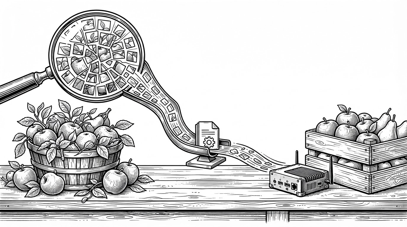 A wide orchard scene shows messy fruit, leaves, and stems on the left dissolving into many outlined masks, then funneling through a narrow chute into a compact training file and a small edge device on the right. It explains SDM-D as a system that turns raw field images into labels, then compresses those labels into deployable detectors.