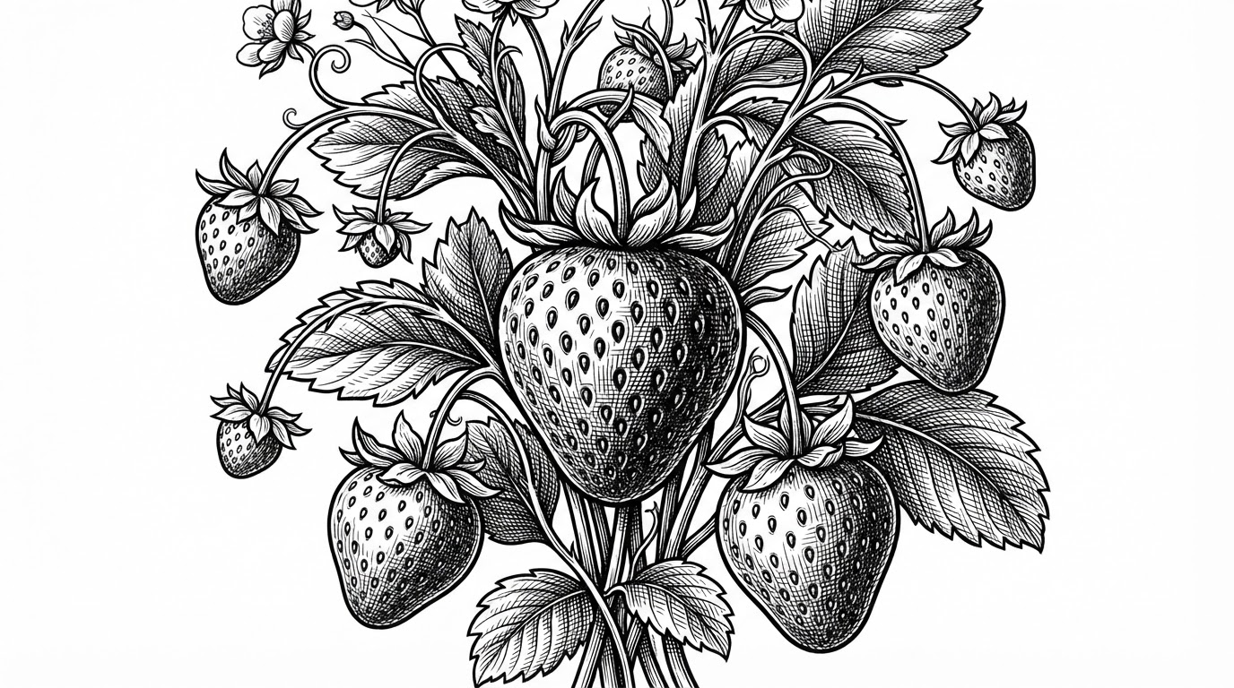 A close-up strawberry cluster is traced by separate mask outlines, with descriptive text tags floating beside each region instead of bare class names. It shows how SDM-D separates region finding from semantic labeling, making the distinction between shape and meaning easy to see.