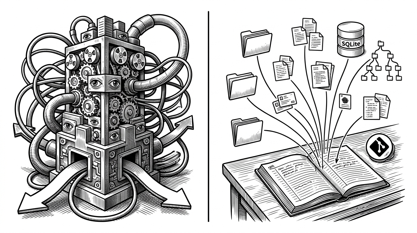 A split tabletop editorial illustration showing two approaches side by side. On the left, traffic is forced through a proxy tower in the middle of a pipeline. On the right, local session artifacts on cards and files converge into a single ledger beside a project tree and a git marker. It explains why CodeBurn's local-first model is different from interception-based observability.