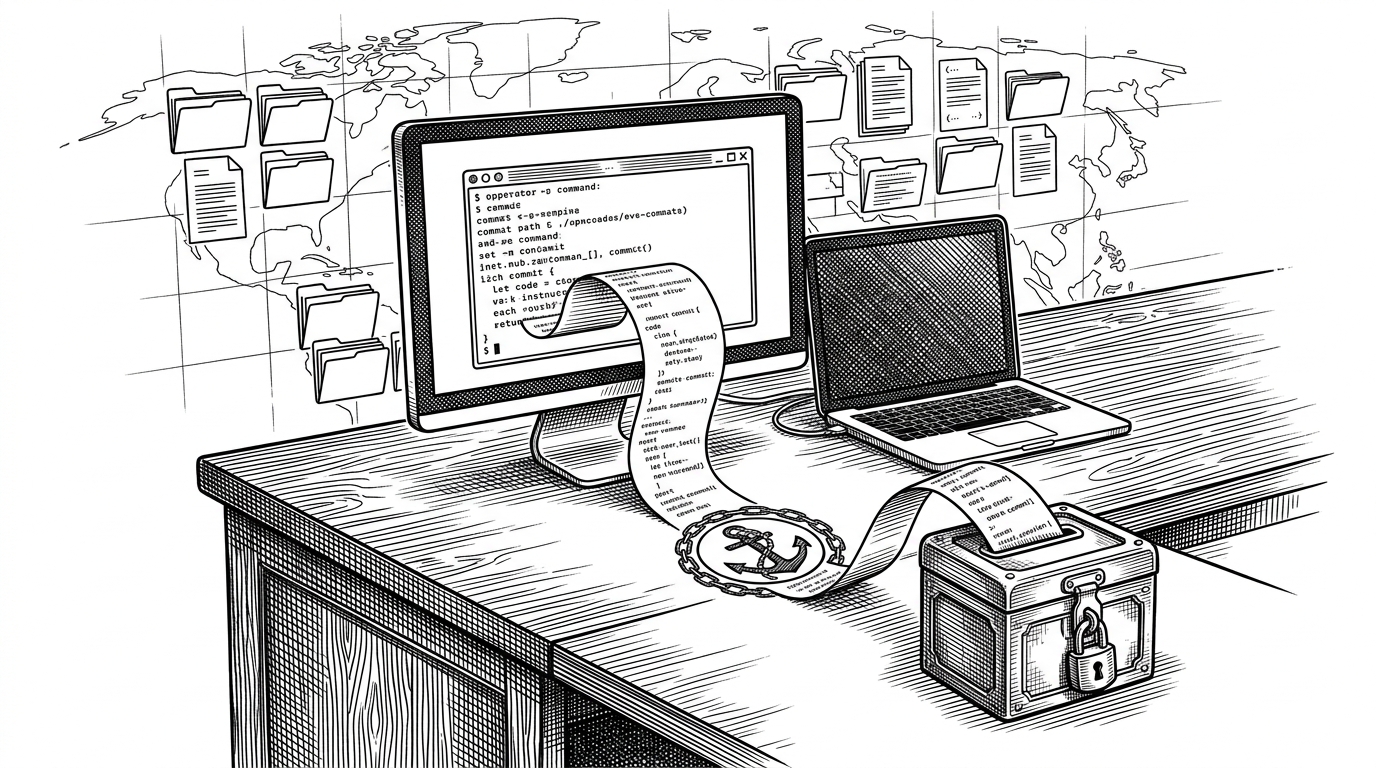 A developer’s terminal sits on a desk beside a closed laptop, with a line of edited code flowing into a Git commit stamp and then into a small lockbox. The scene explains Aider’s trust model: the model edits inside a reversible workflow, not a freeform chat box.