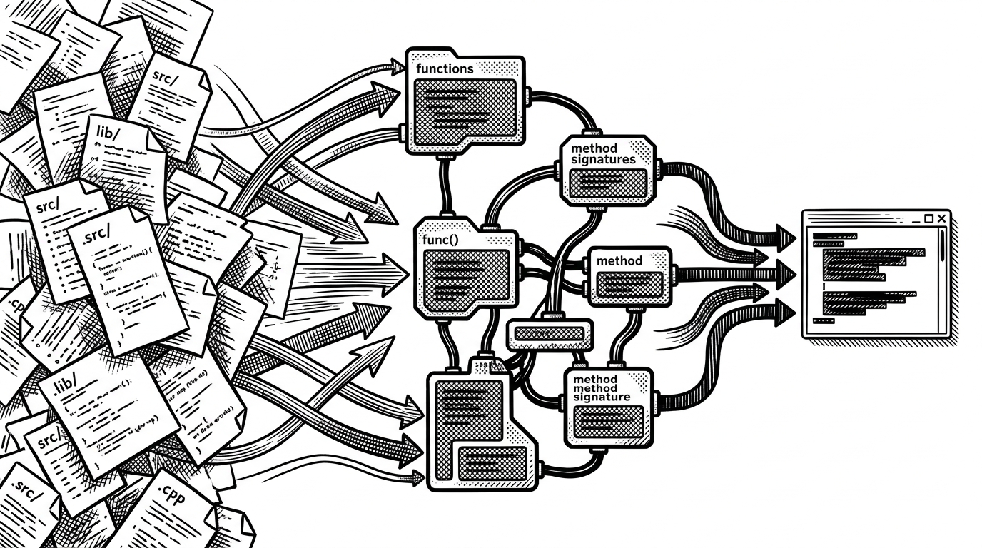 A close-up of source files being reduced into structural nodes, then routed into a compact prompt window. The illustration explains how Tree-sitter turns a repository into a map of functions, classes, and signatures rather than a raw wall of code.