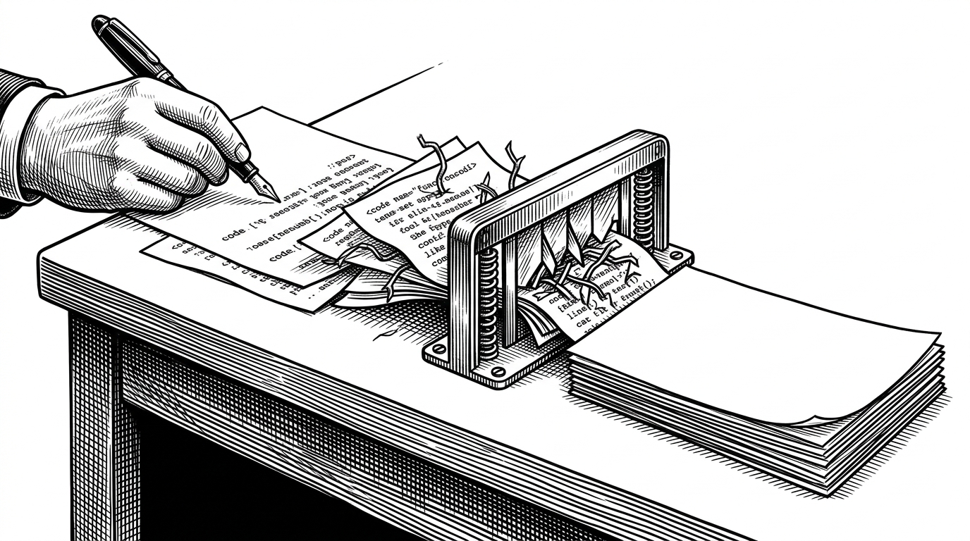 A black ink editorial illustration of fresh pages moving through a narrow security gate at a drafting desk. It shows code being checked at the moment of creation, not after it has already left the editor.