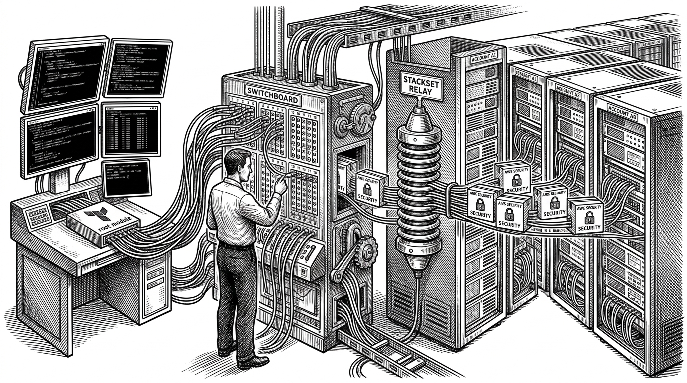 A control room with a Terraform console on the left feeding a central switchboard, then a StackSet relay pushing identical security packages into a wall of AWS account cabinets on the right. The scene explains how one management plane can coordinate many member accounts without duplicating the rollout logic.