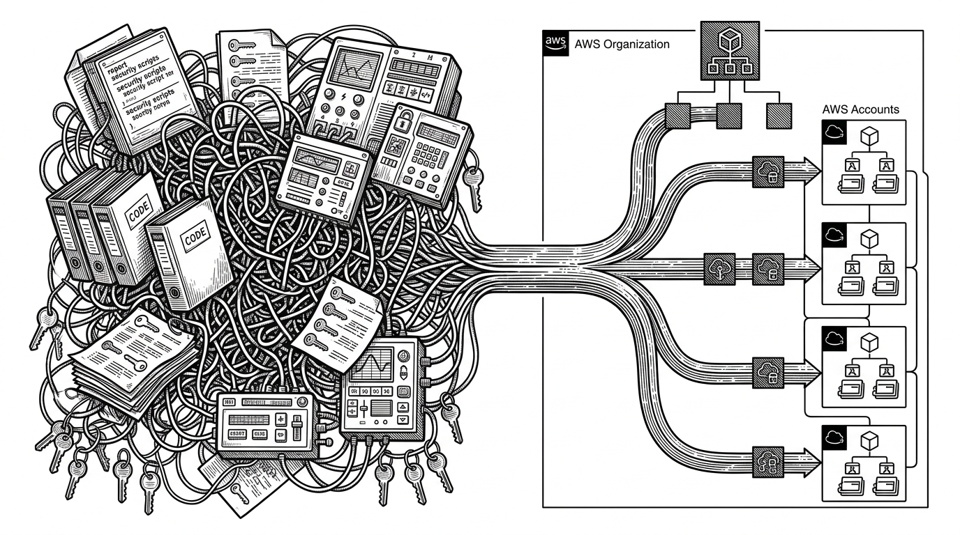 Two deployment philosophies are shown side by side. One side is a tangle of duplicated account-specific scripts and brittle permissions, while the other is a single controlled path branching cleanly into an AWS Organization.