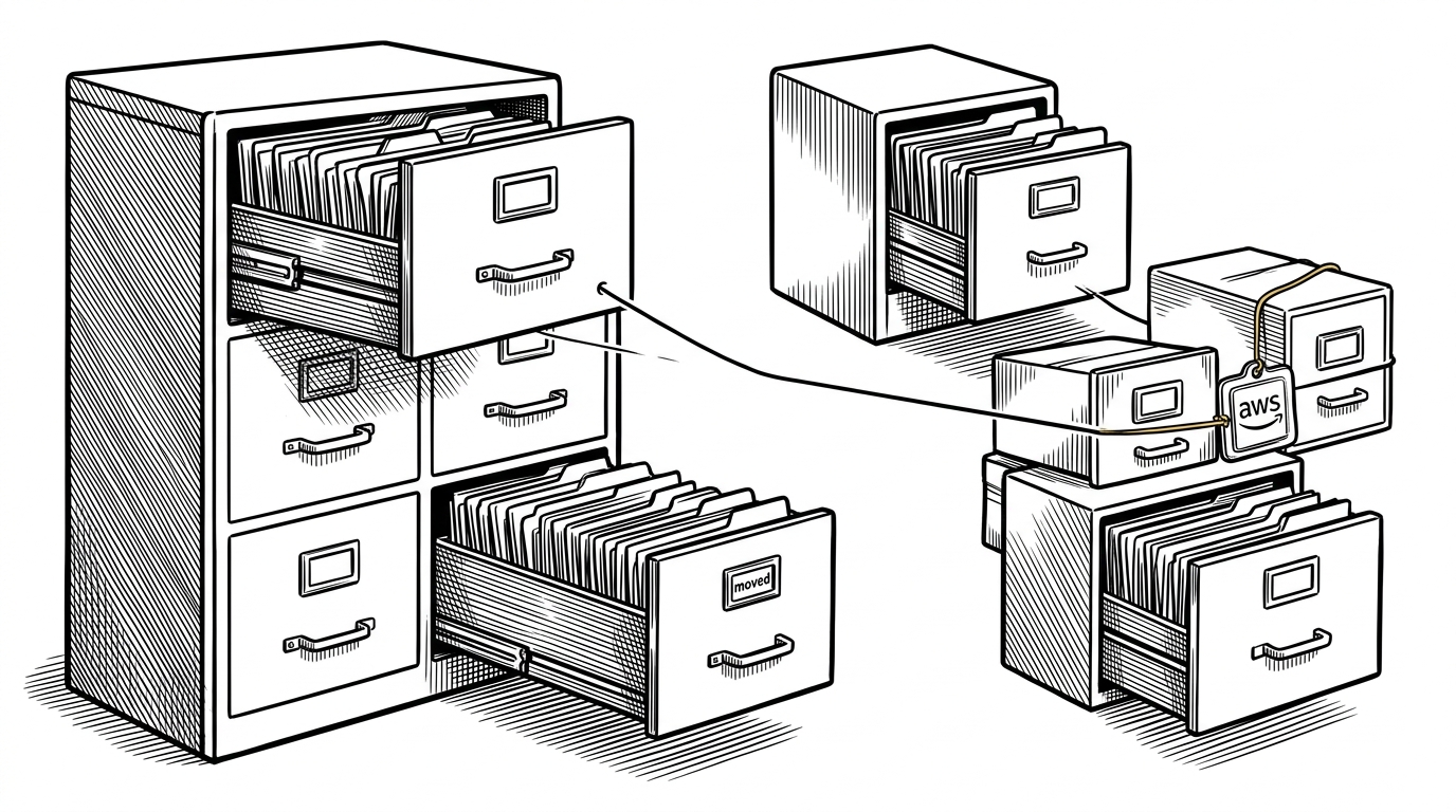 A modular filing cabinet is being split into smaller drawers, but a gold thread stays attached to the same live AWS role badge. The visual explains that the code can move between submodules while the actual infrastructure identity remains stable.