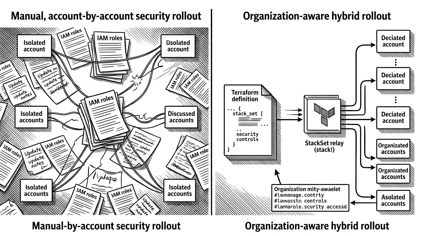 A split editorial scene shows manual account-by-account duplication on one side and organization-aware rollout on the other. The left side is cluttered with repeated isolated roles and brittle update notes, while the right side has one central definition distributing consistent security controls to many accounts.