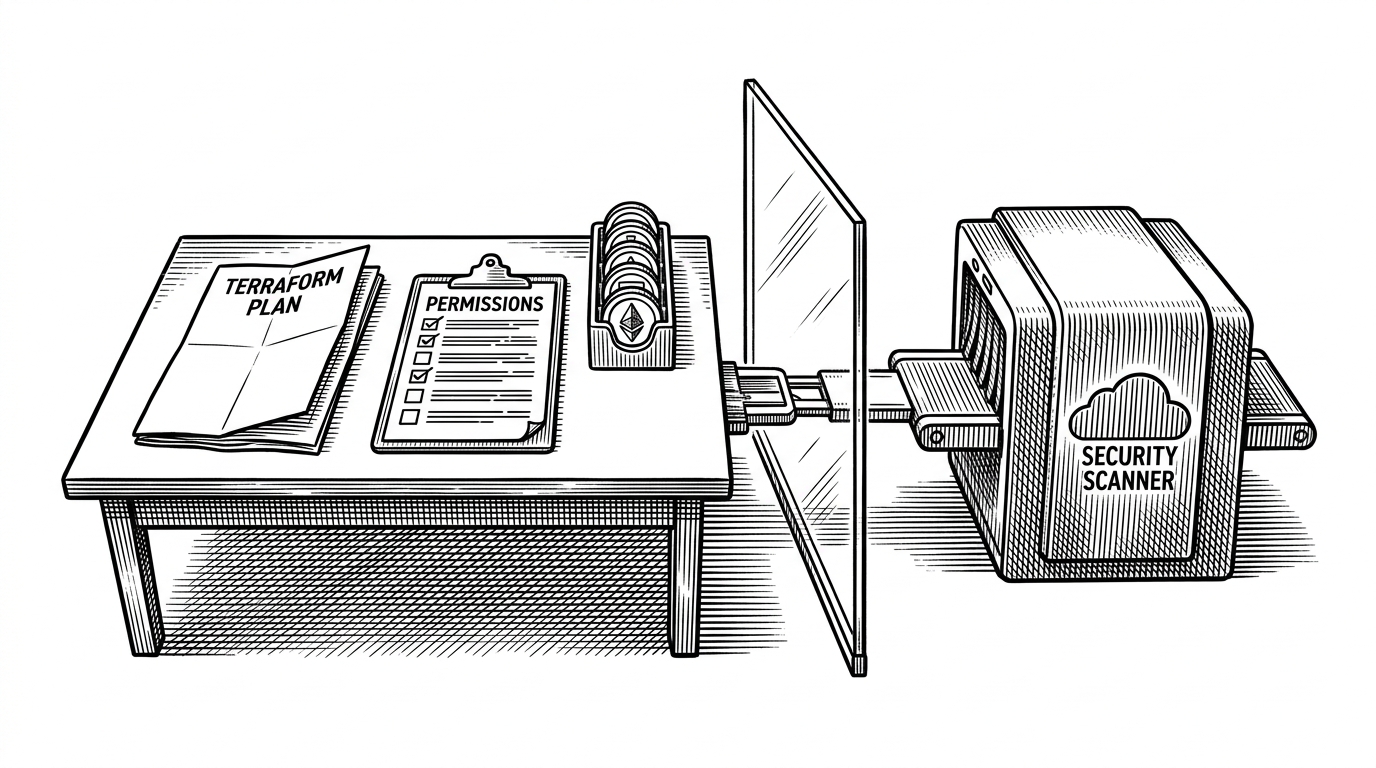 A wide editorial scene shows a cloud control room laid out like a workbench. A Terraform file, a permission checklist, and a service account sit on one side, while a security scanner waits beyond a glass partition on the other. The image explains that the real product is not scanning itself, but the trust boundary that lets scanning begin safely.