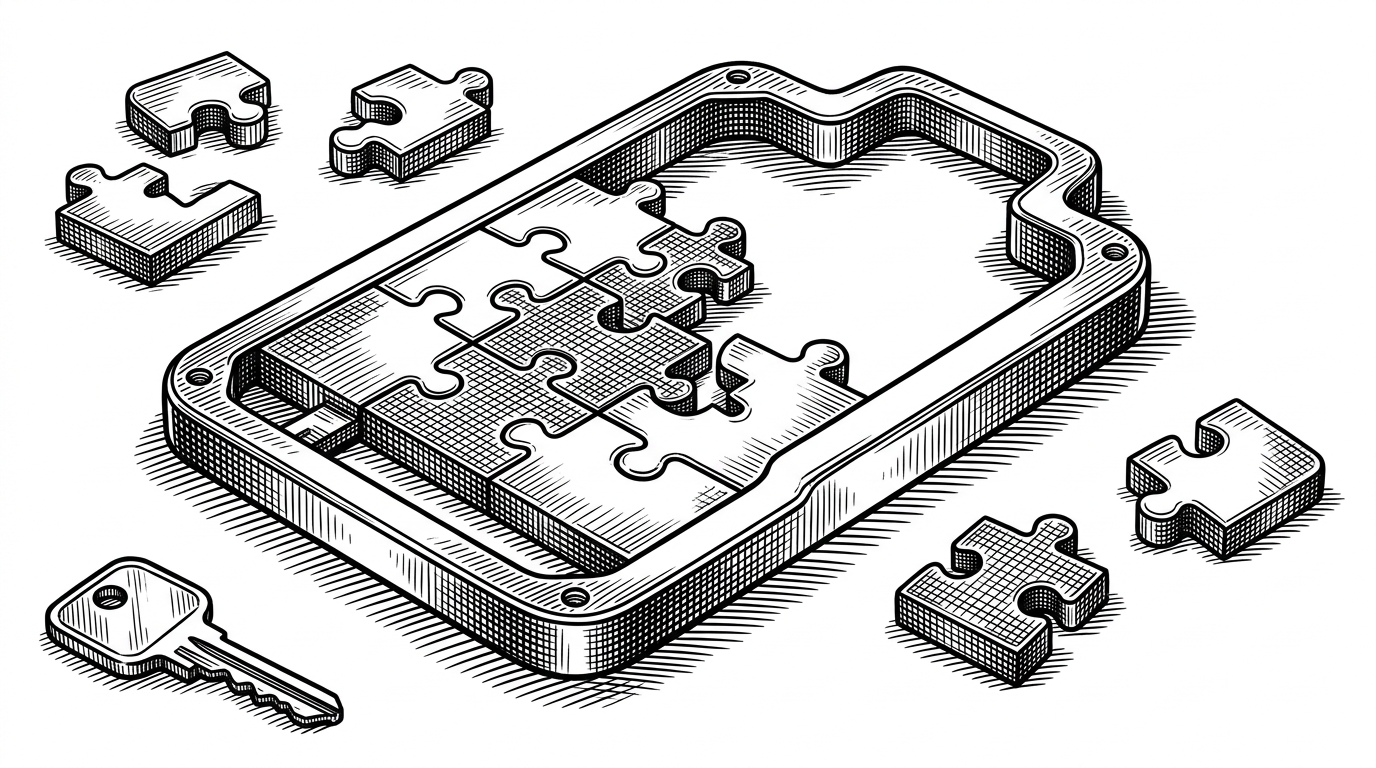 A close-up shows a set of permission tiles being assembled into a custom role. Some tiles snap cleanly into place, while others are left on the table, cut away from the final shape. An unused key rests off to the side, visibly disconnected. The image explains least privilege as a design choice, not a slogan.