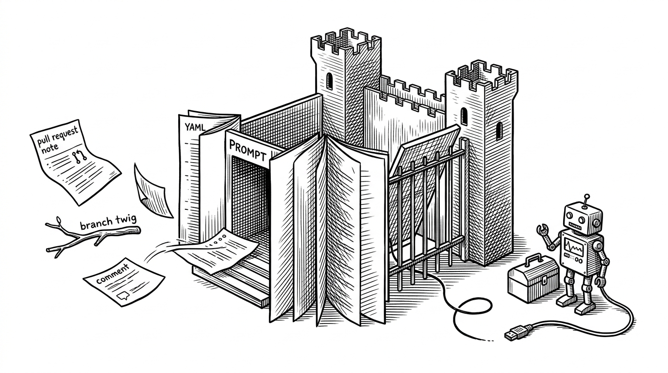 An editorial illustration of a workflow file turned into a drawbridge, with untrusted PR scraps feeding into a prompt chamber and a small tool-wielding machine waiting on the other side. It visualizes the article's core idea: a GitHub Action can turn user-controlled text into an execution path when an LLM has tools.