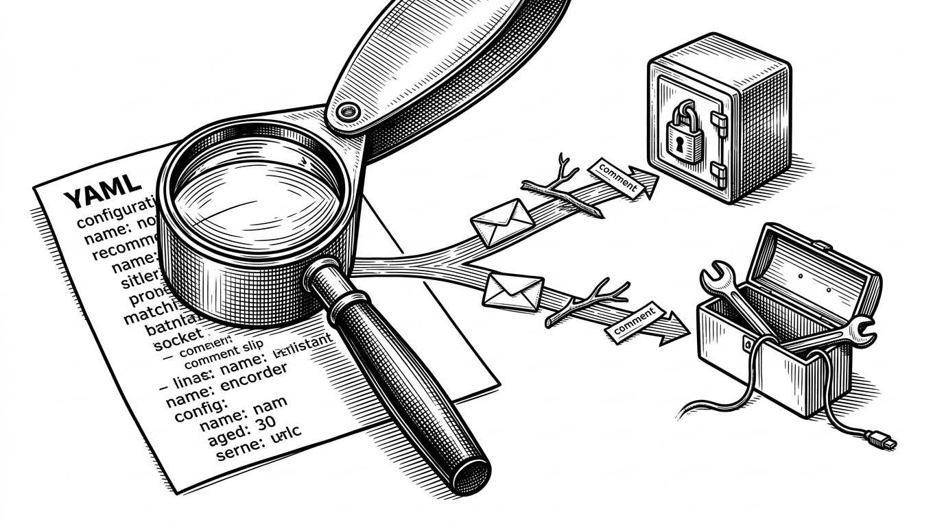 A close-up illustration of a YAML rule under a magnifying glass, with one branch of variables spilling toward a sealed box and another toward a tool chest. It explains why the rule is selective: it hunts for user-controlled fields instead of every GitHub variable.